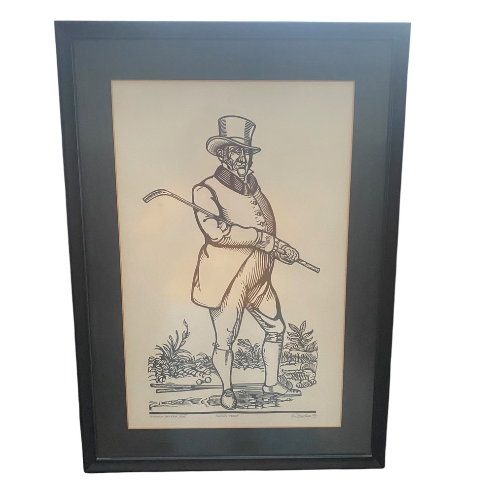 Edwin‎ Schachner English Golfer 1805 Artists Proof Framed Woodcut Print Golf Art
